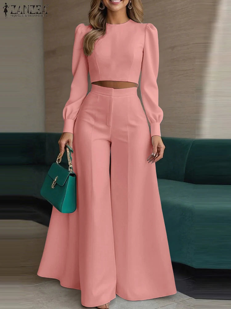Women elegant Autumn ZANZEA Fashion 2PCS Tracksuits Long Sleeve Blouses Wide Leg Trousers