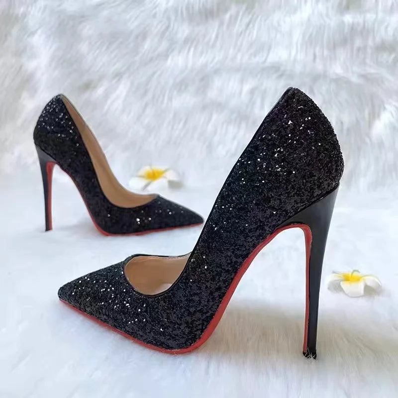 WOMEN Super High Heels Shoes  Sequin Black Sexy Red Sole Pointed Thin Single stiletto heel shoes