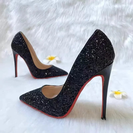 WOMEN Super High Heels Shoes  Sequin Black Sexy Red Sole Pointed Thin Single stiletto heel shoes