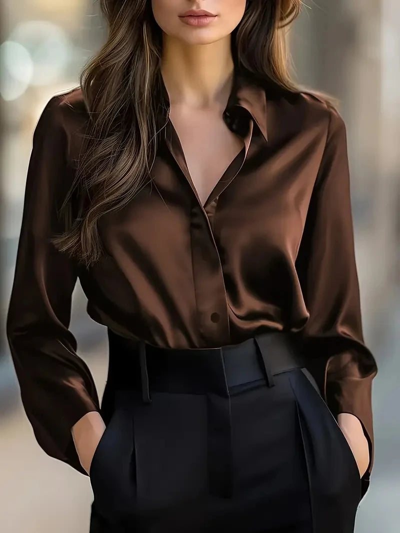 Women  Elegant Black Satin Long Sleeve Button-Up Collar Shirt Perfect for Casual or Professional Wear Blouse