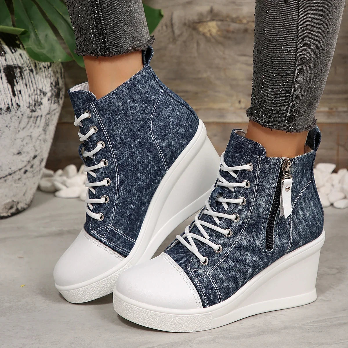 Women High Top Wedge Sneakers Blue Camouflage  Fashion Lightweight Lace Up Platform Ankle Sneakers