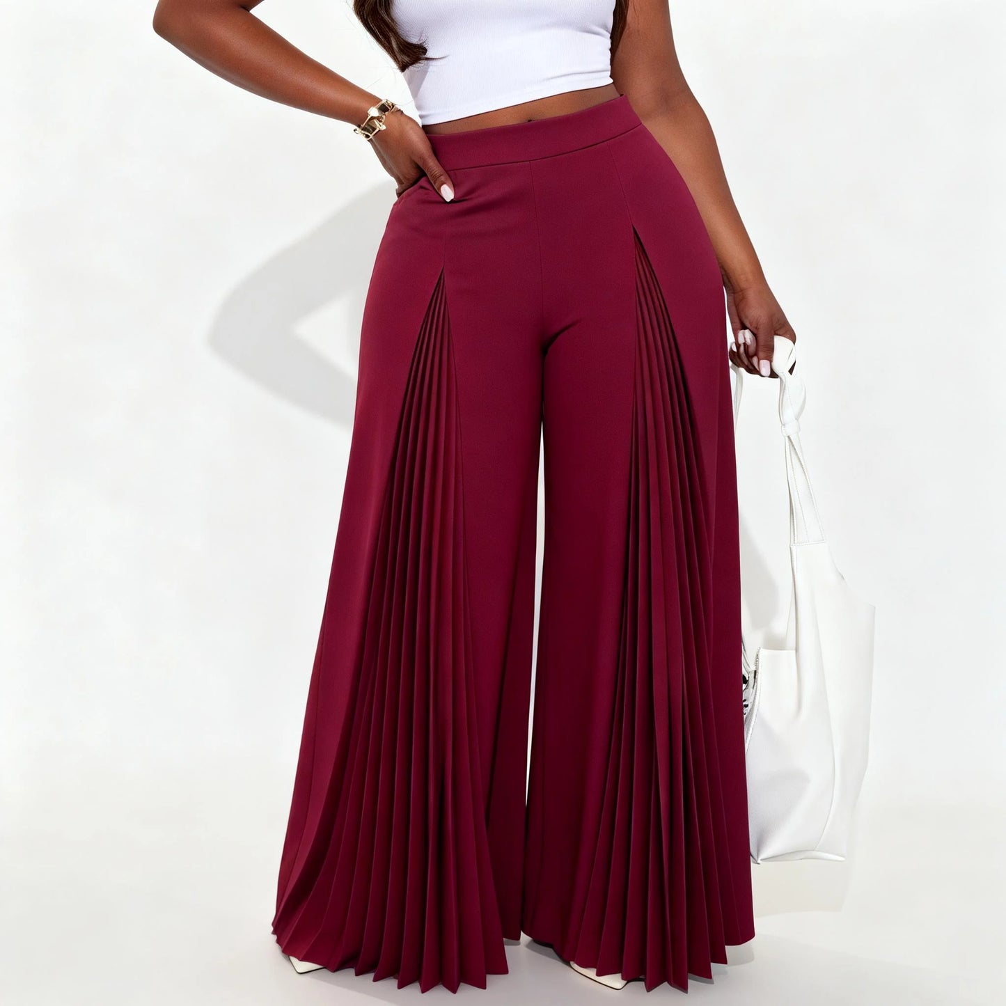 Women Wine Elegant Pleated  High Waist Split Wide Leg Casual Fashion Loose Long Office Wear Straight Palazzo Pants