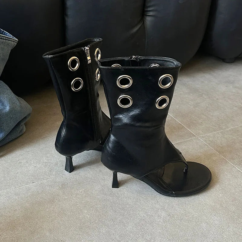 Women Summer Spring Fashion Hollow Metal Thin Heels Flip Flops Open Toe  Heel Sandals Boots Shoes