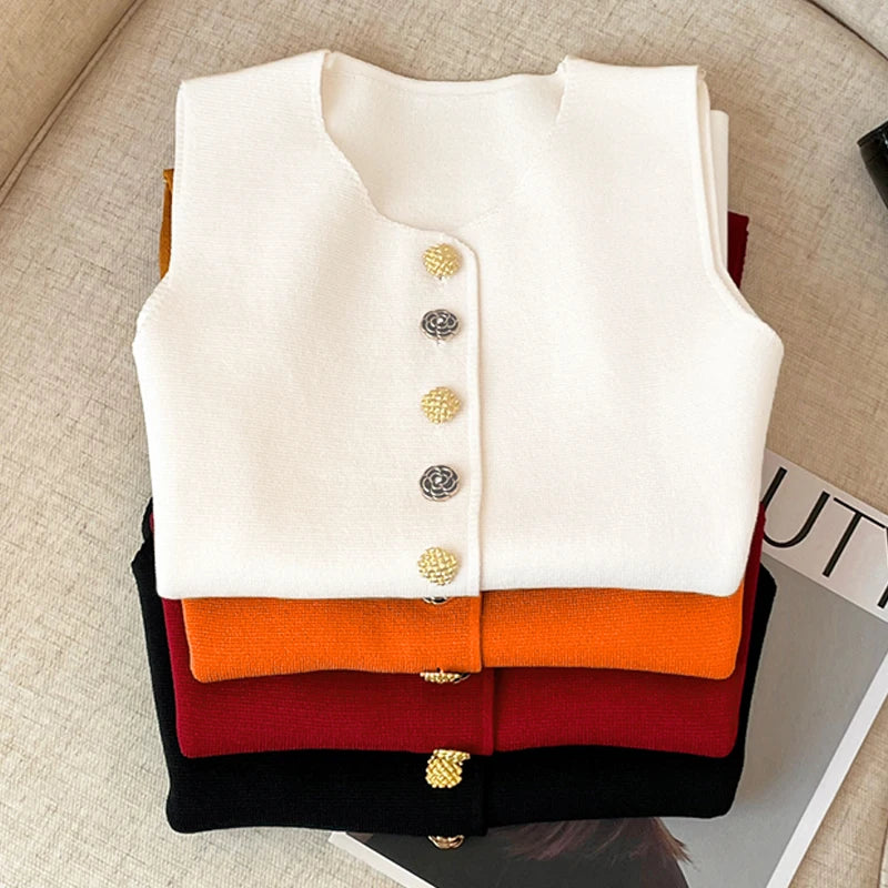 Women Elegant Flower Buttons O Neck Sleeveless Sweater Slim waistcoat