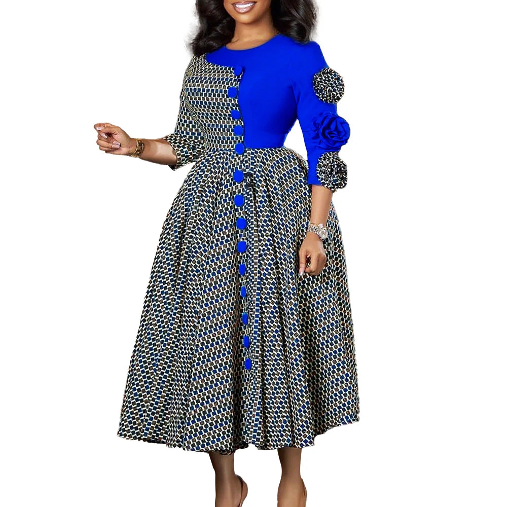 Women Elegant Dresses for Fall Fashion African 3/4 Sleeve Party Birthday New  Chic 3D Flower Plaid Evening A-Line Dress