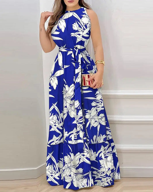 Women Europe and America Cross border Summer New Fashion Print Round Neck Lace up Mid length Dress