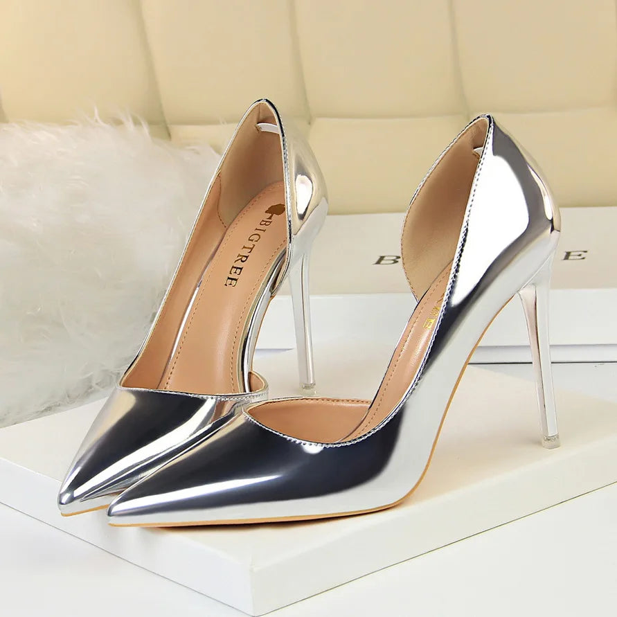 Women  High Heels Pumps Lady Stripper Stiletto Metallic Leather Scarpins Wedding Heels