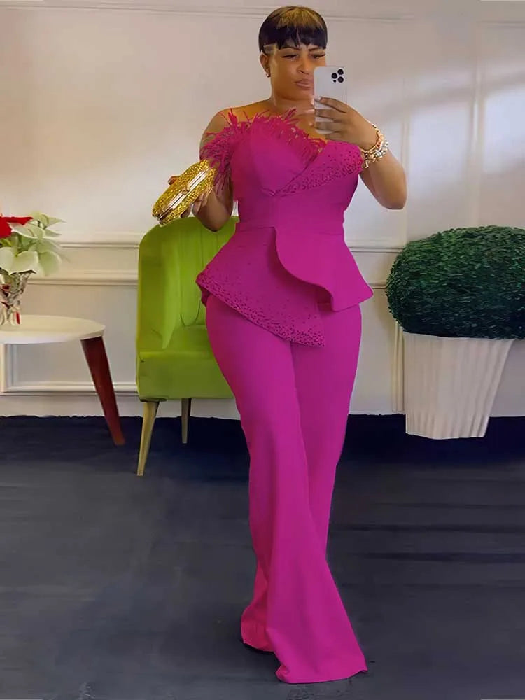 women High Waist Strapless Jumpsuit Rivet Collar Lady Evening and Party  Elegant Sexy Birthday Jumpsuit