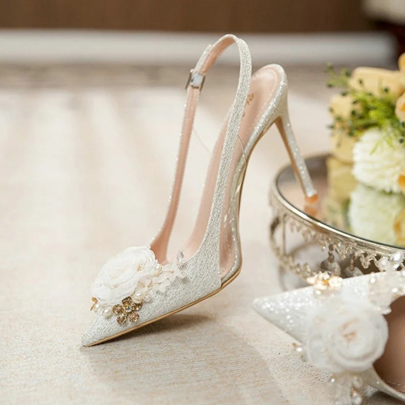 Women New White Wedding  Pointed Head Shallow Mouth Flowers High Heels Summer Fashion Sandals