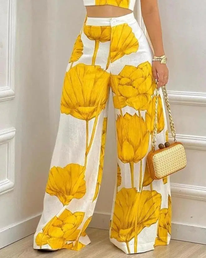 Women Two Piece Sets  Outfits Spring Fashion Plants Print Sleeveless Crop Cami Top & Casual Wide Leg Vacation Pants Set