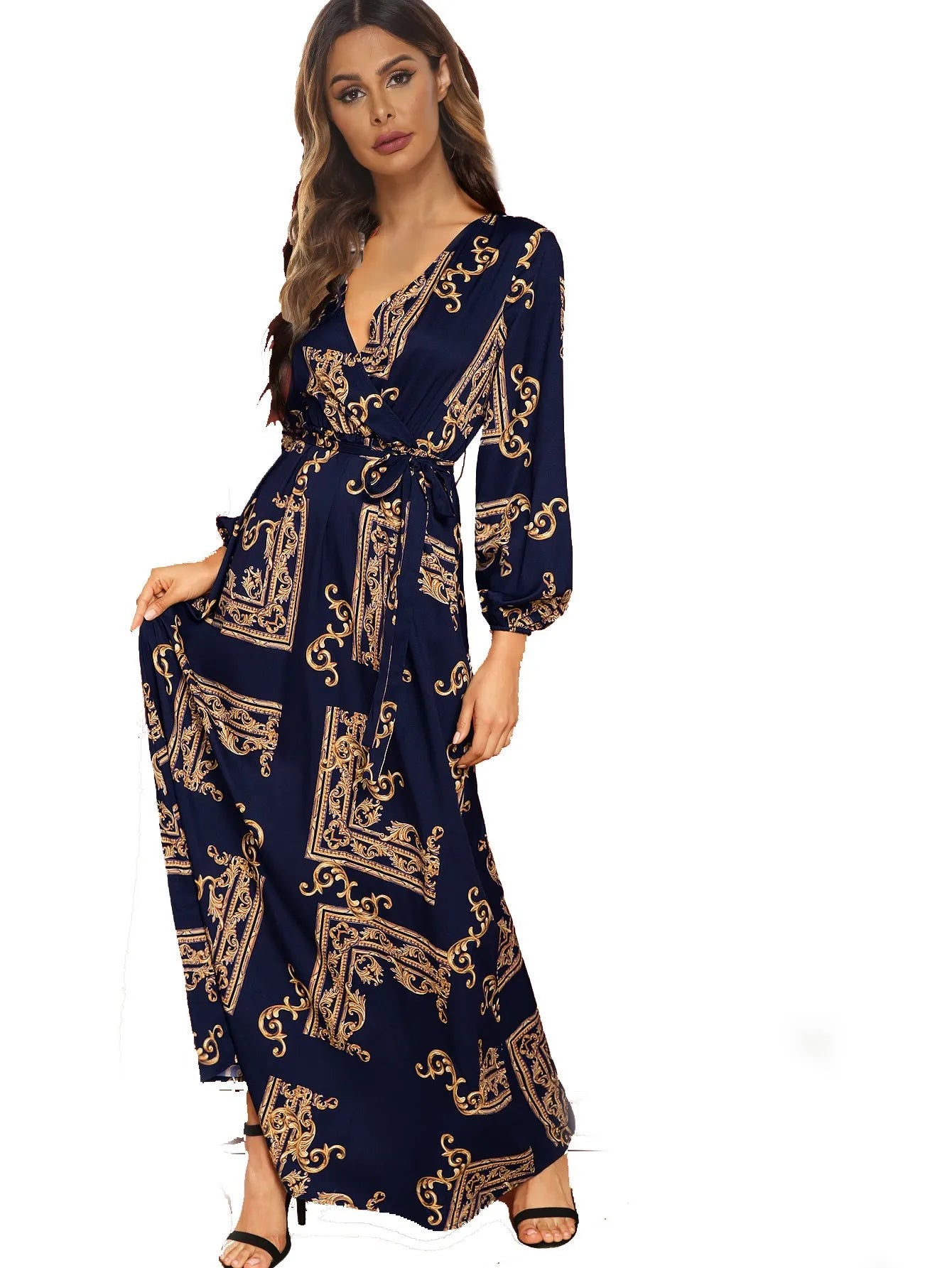 Women Eid Muslim Dresses V Neck Lantern Sleeve Morocco Ramadan Long Robe Print Party Dress