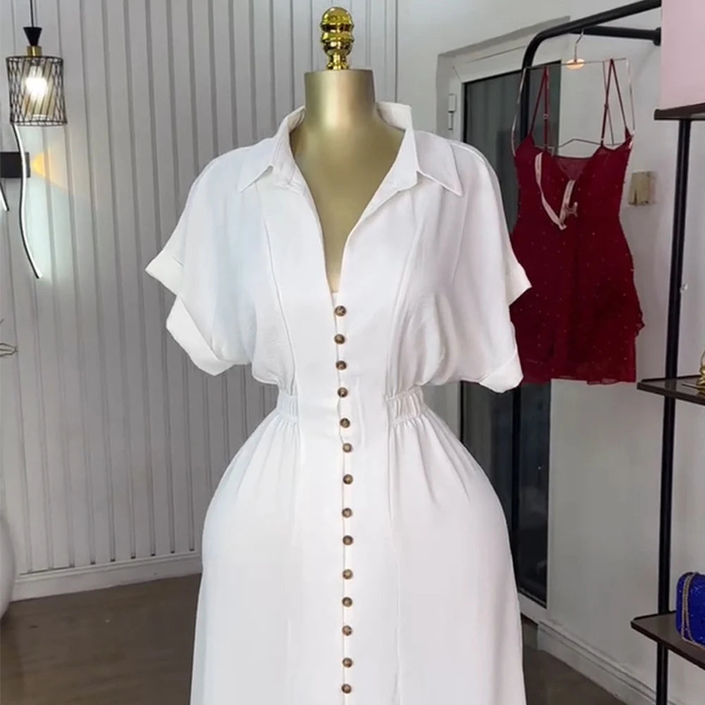 Women Classy new fashion short sleeve long maxi single breasted birthday party shirt dresses
