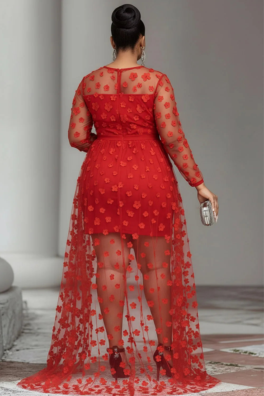 women Plus Size Party Round Neck Long Sleeve High Low Hem Elegant See Through Tulle Mini Dresses