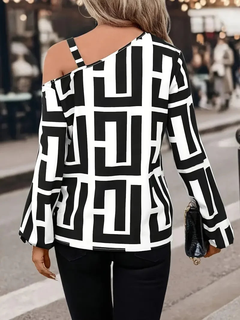 Women elegant Geometric Printed blouse spring neck off shoulder long sleeve hoodie casual shirt