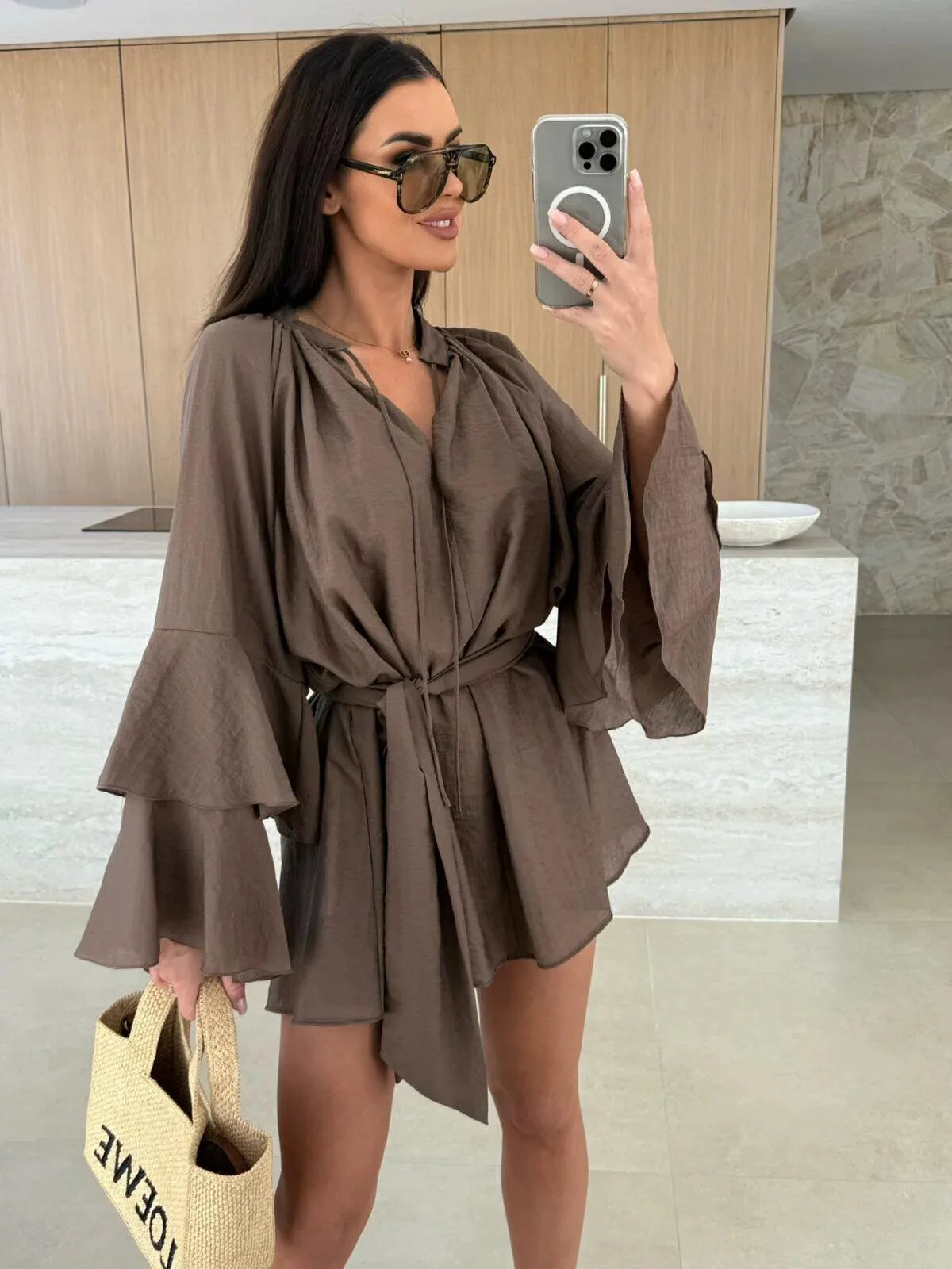 Women Sexy Deep V Lace Up Solid Dress