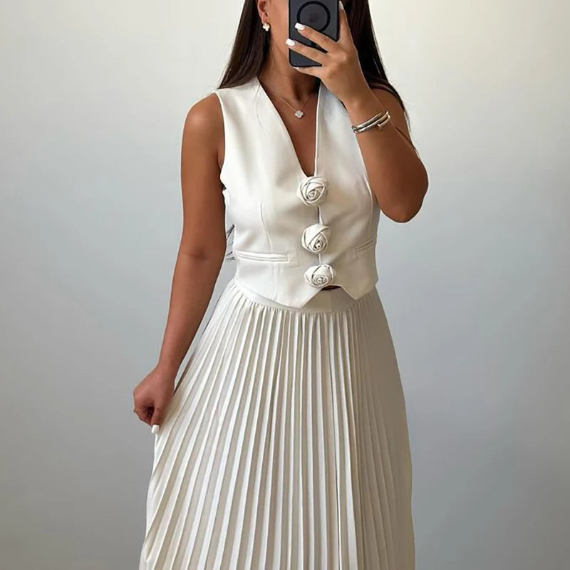 Women Sexy Sleeveless V Neck Vest Match Fold Skirt Suit Fashion Solid Color Commute 2 Piece Set Elegant Lady Formal Occasions Outfits