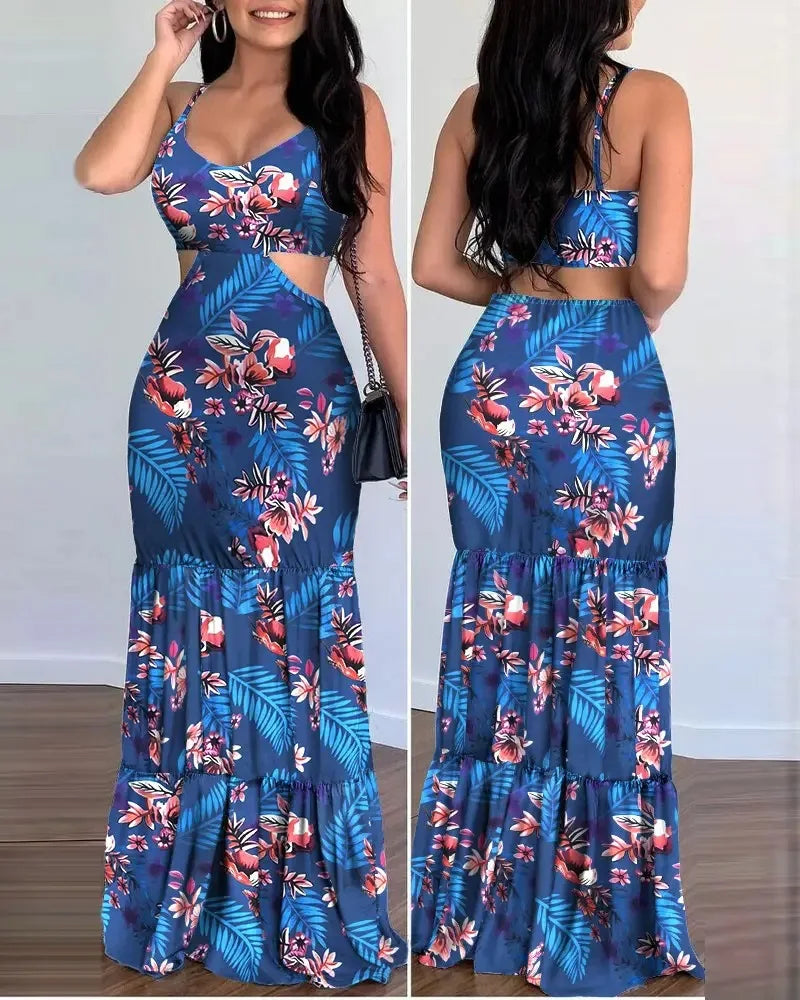 Women Dress Camisole Long  Print Folds Sleeveless Slim Fit V Neck Elegant A Line Splice Vestidos Beach Summer