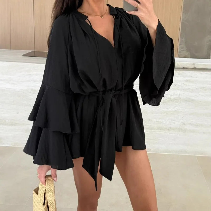 Women Sexy Deep V Lace Up Solid Dress