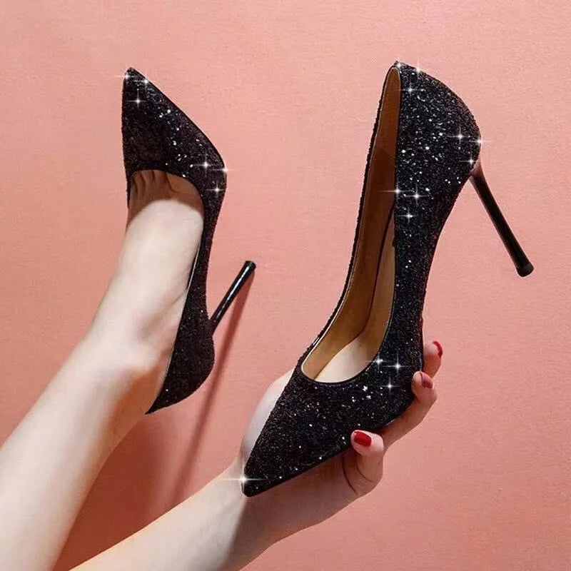 WOMEN Super High Heels Shoes  Sequin Black Sexy Red Sole Pointed Thin Single stiletto heel shoes
