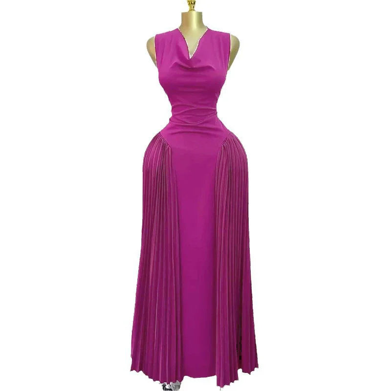 Women CM.YAYA  Summer Elegant Sleeveless Sweet V-Neck Floor-Length Long Dress Beach Party Evening Sexy Pleated Dresses