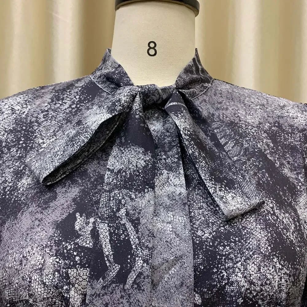 Women Elegant Vintage Dresses for  Bow Collar Full Sleeve Belt Waisted A Line Mid Calf Birthday Party Dinner Vestidos Mujer Dress