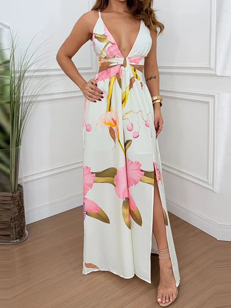 Lady Sexy V-neck Sleeveless Holiday Fashion Pattern Print Split Slim Party  Elegant Backless Hollow Tie-Up Long Dress