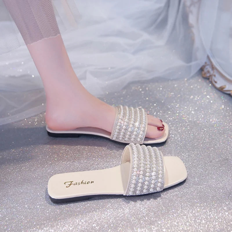 Women's summer new fashion square head open toe design casual flat leather beach slippers