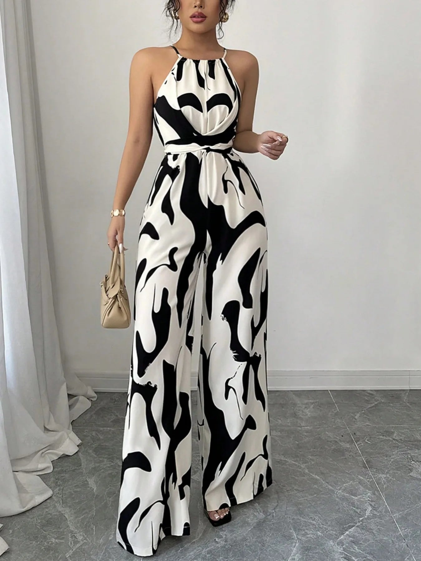 Women High end summer new retro versatile lace up waist slimming printed hanging neck jumpsuit