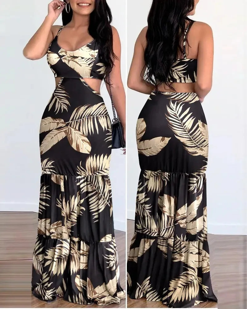 Women Dress Camisole Long  Print Folds Sleeveless Slim Fit V Neck Elegant A Line Splice Vestidos Beach Summer