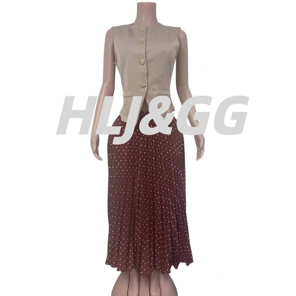 Women HLJ Elegant Black Vest and Polka Dot Skirt Two Piece Set Gold Button Sleeveless Top + Pleated Skirt  Streetwear Vestidos