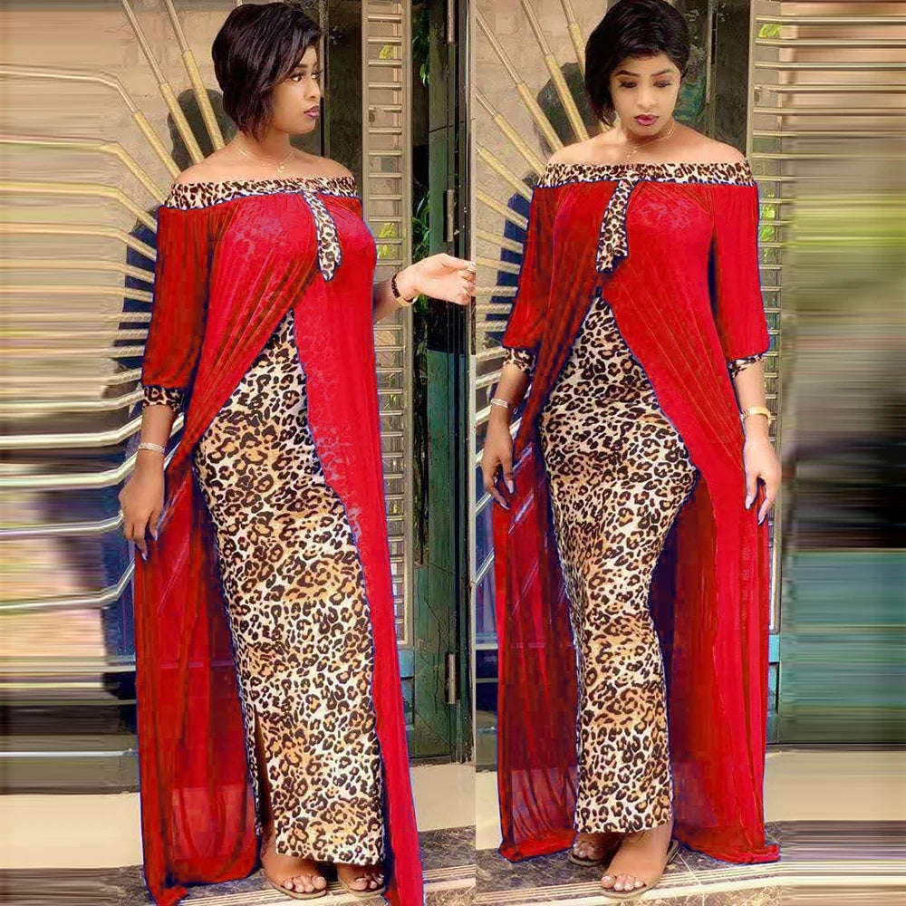 Women Autumn Sexy Leopard Printed Dashiki  Dresses for  Party Half Sleeve Slash Neck  dress