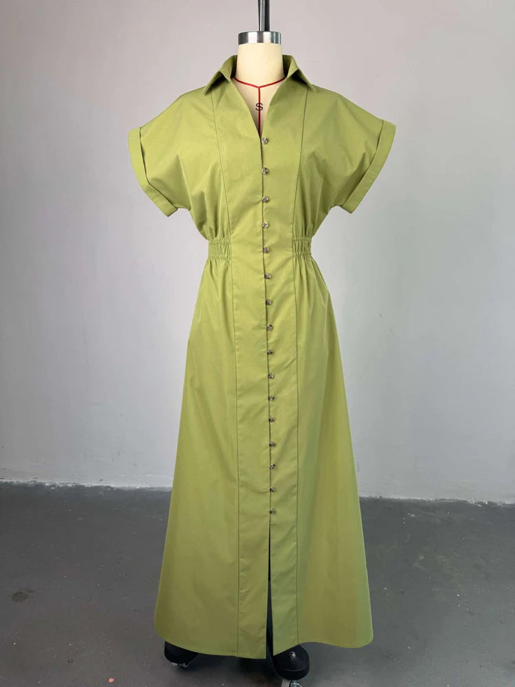 Women Classy new fashion short sleeve long maxi single breasted birthday party shirt dresses