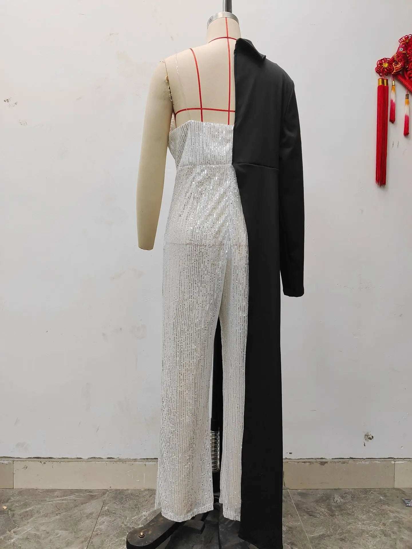 Women CM.YAYA  One Long Sleeve Strapless Sequined Blazer Wide Leg Jumpsuits Evening Party One Piece Set Romper Playsuit