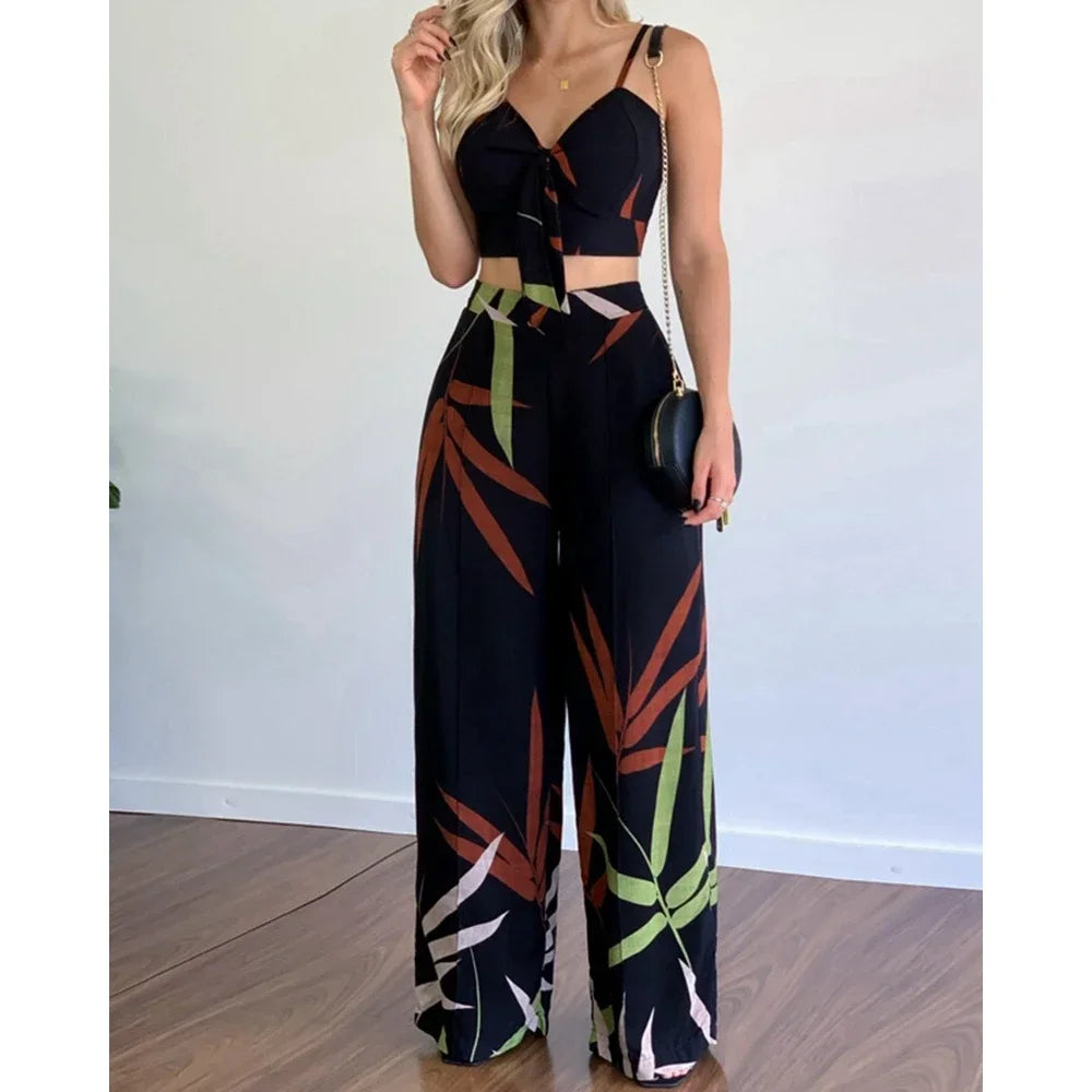 Women Summer Tropical Print Spaghetti Strap Casual Lace up Back Top &High Waist Pants Set 2 Pieces Suit Sets