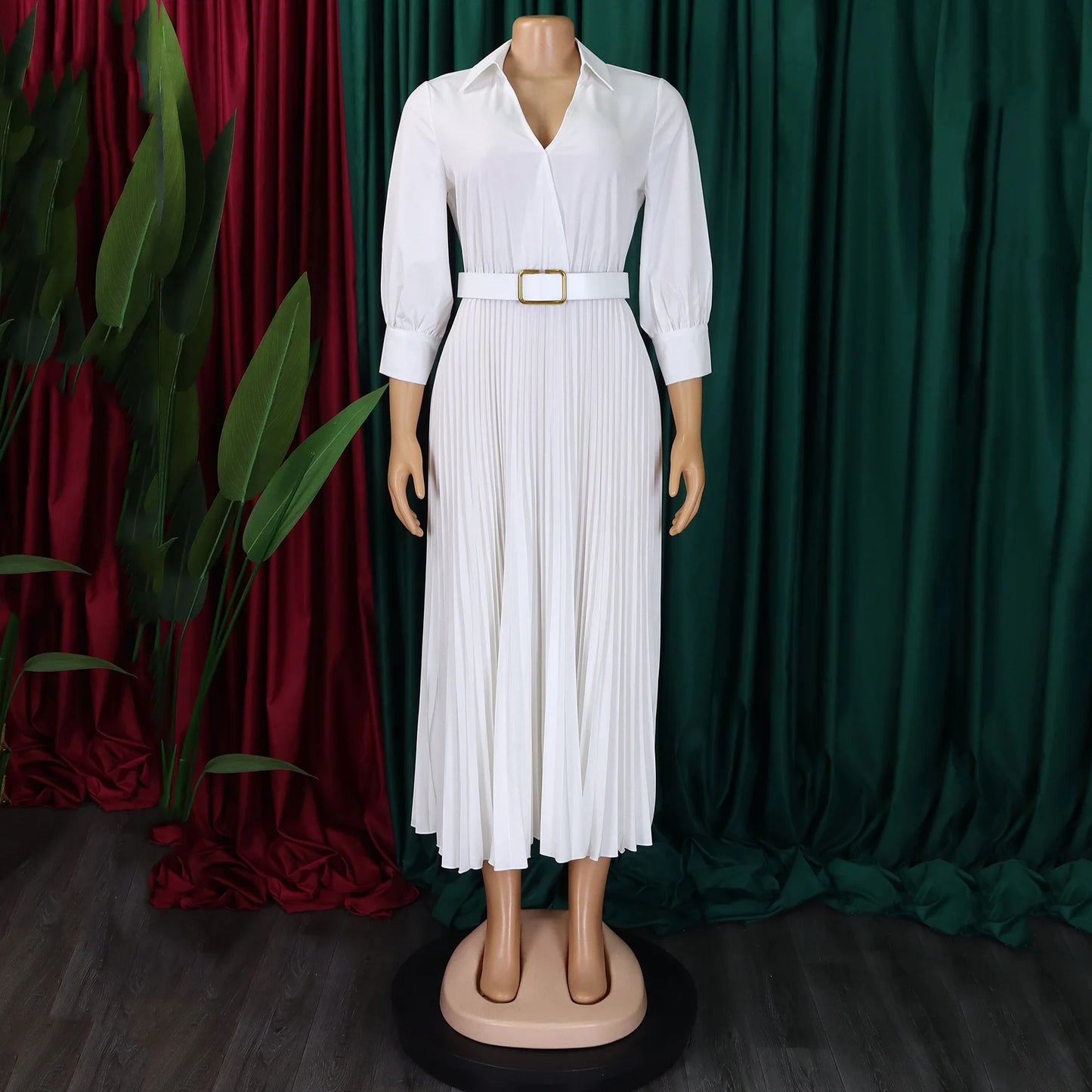 Women Elegant for  Pleated Deep V Neck Full Sleeve Belt Waisted Ankle Length Work Wear Dress