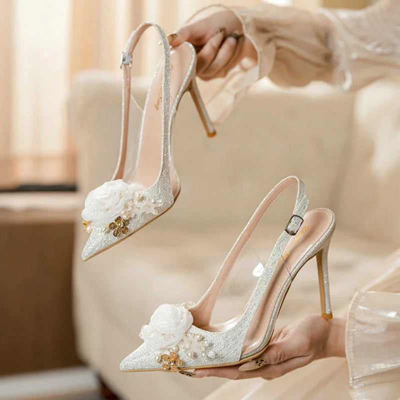 Women New White Wedding  Pointed Head Shallow Mouth Flowers High Heels Summer Fashion Sandals