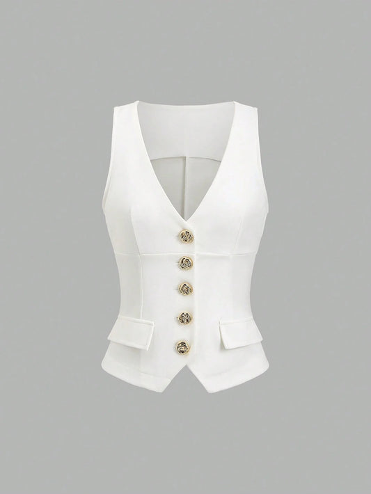 Women Metal Buckle Sleeveless Vest with Fake Pockets Blazer