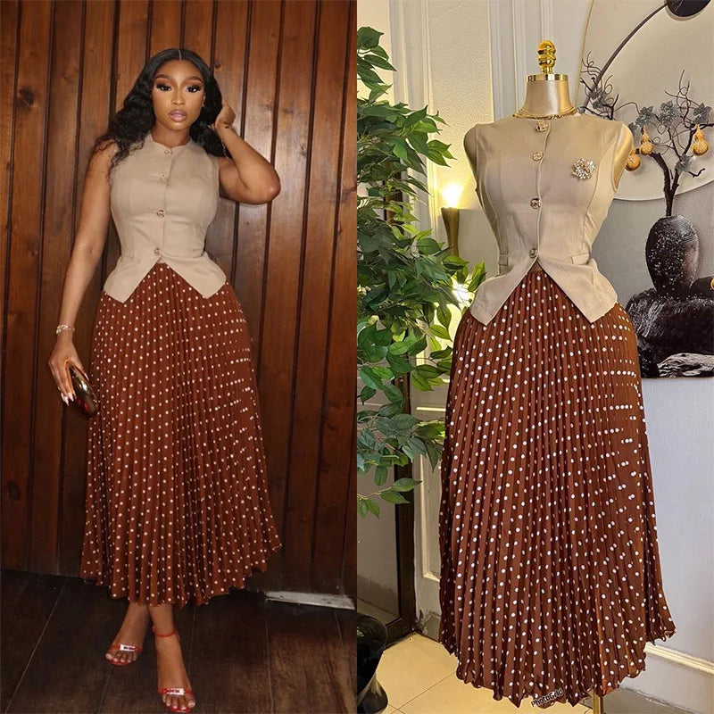 Women HLJ Elegant Black Vest and Polka Dot Skirt Two Piece Set Gold Button Sleeveless Top + Pleated Skirt  Streetwear Vestidos