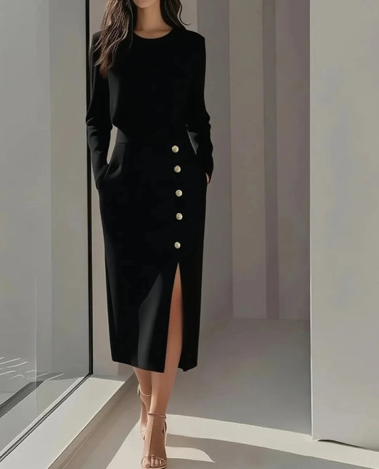 Women solid color long sleeves elegant midi dress with button