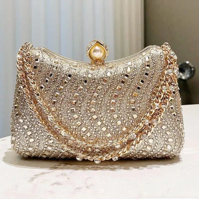 Women Fine Rhinestone Diamond Inlay Dinner Evening Retro Luxury Gold Silver Blue Small Clutch  Wedding Party Shoulder Bag