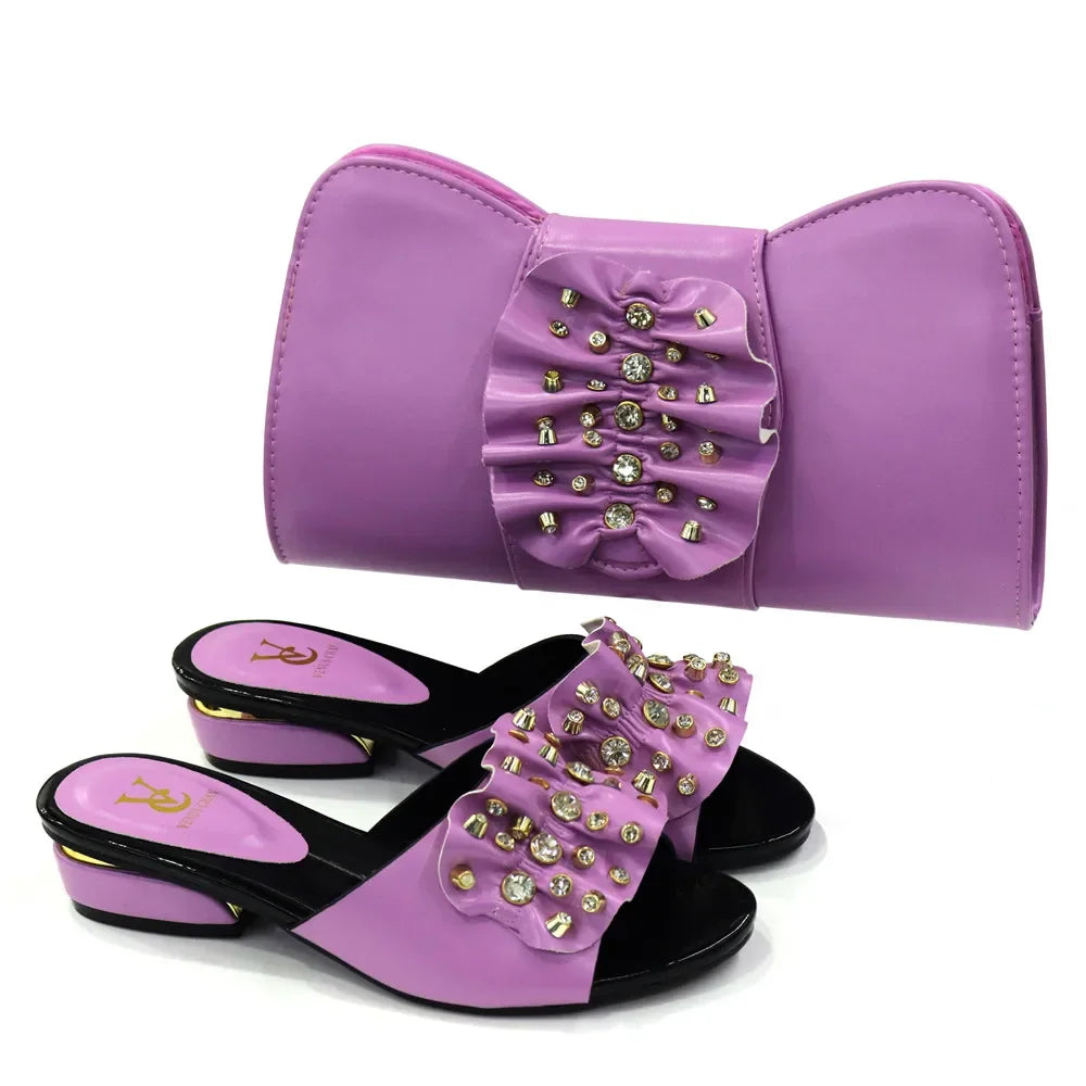 Women Latest  Design Fashion low heel comfortable shoes and bag