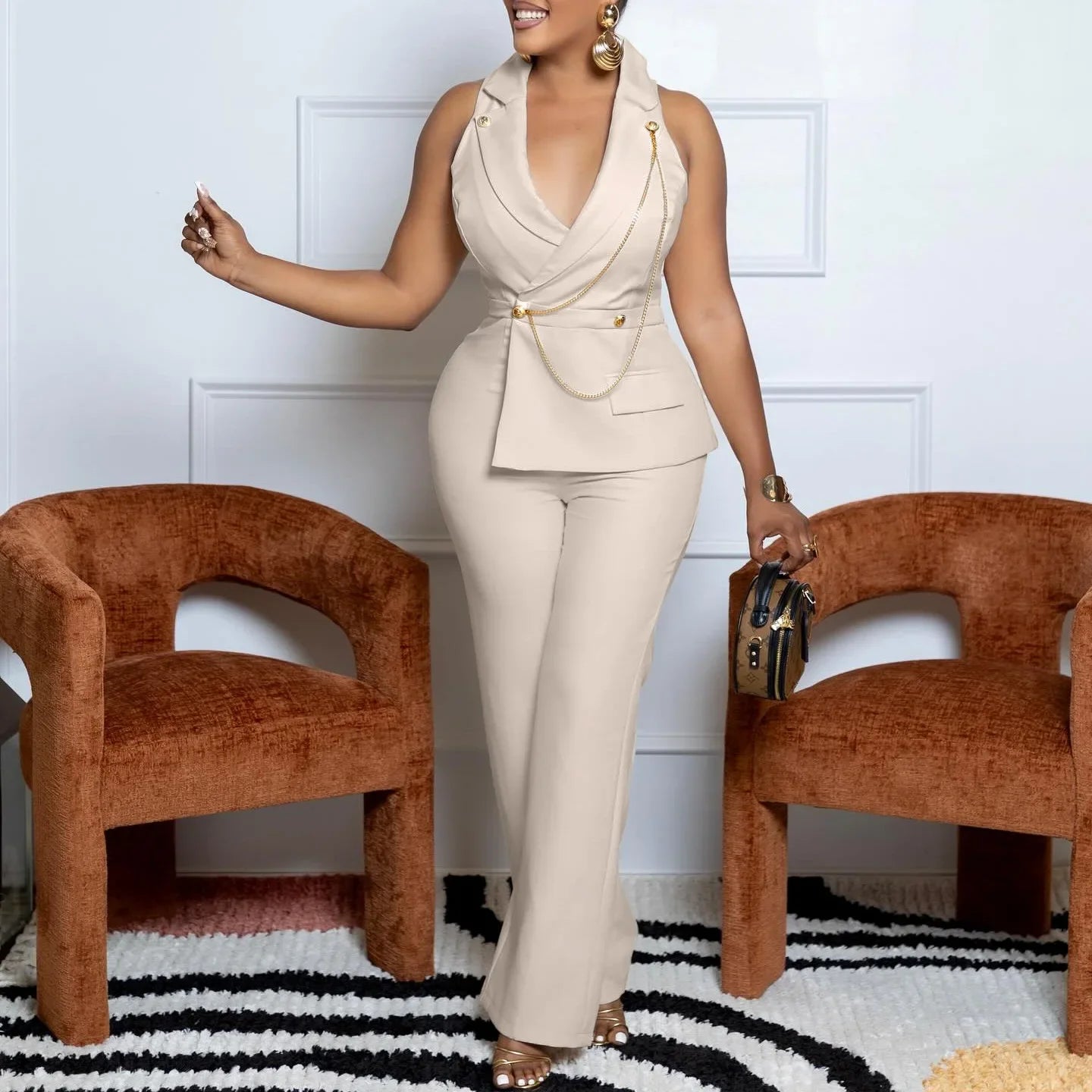 Women fashionable sexy chain collar wide leg jumpsuit casual style
