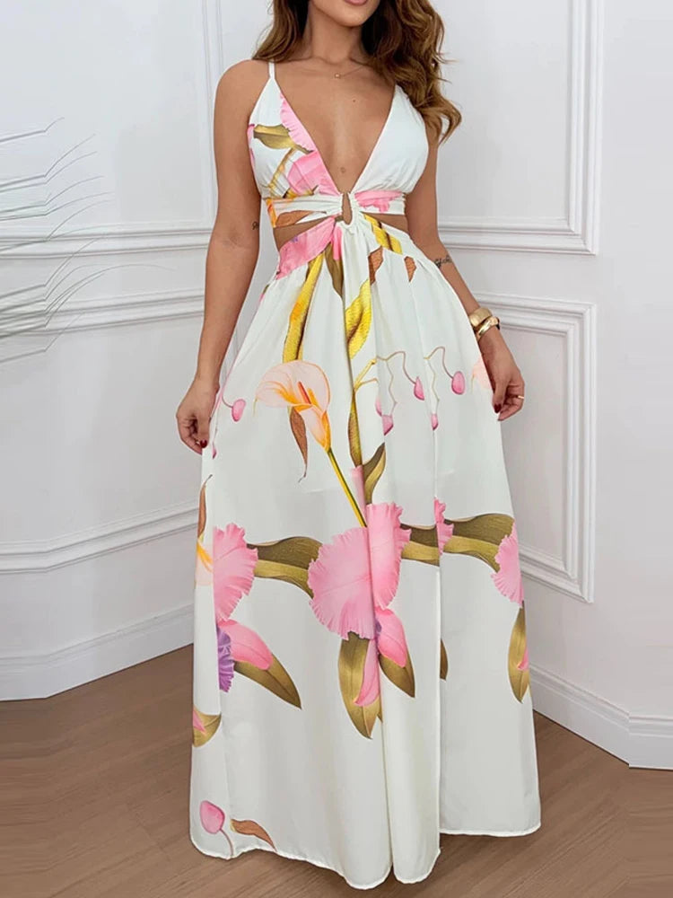 Lady Sexy V-neck Sleeveless Holiday Fashion Pattern Print Split Slim Party  Elegant Backless Hollow Tie-Up Long Dress