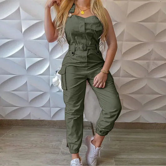 Women Fashion Strap Jumpsuit  Loose Dungarees Long Rompers Summer Solid Pockets Cargo Pants