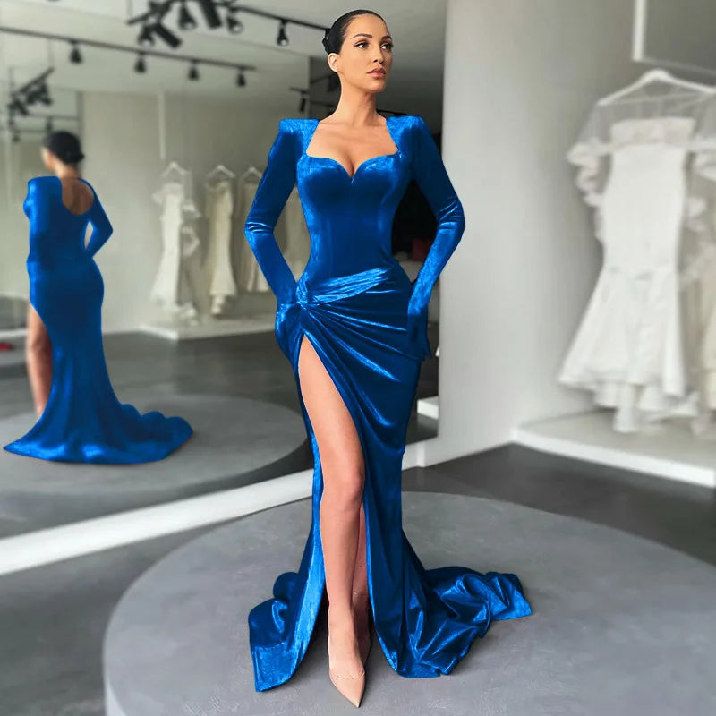Women GACVGA Elegant Long Dress Evening Party Gown Outfits  Gloves Sleeve Red Velvet Sexy Slit Maxi Dresses Bridesmaid Vestidos