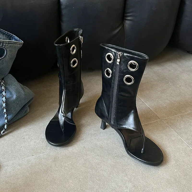 Women Summer Spring Fashion Hollow Metal Thin Heels Flip Flops Open Toe  Heel Sandals Boots Shoes