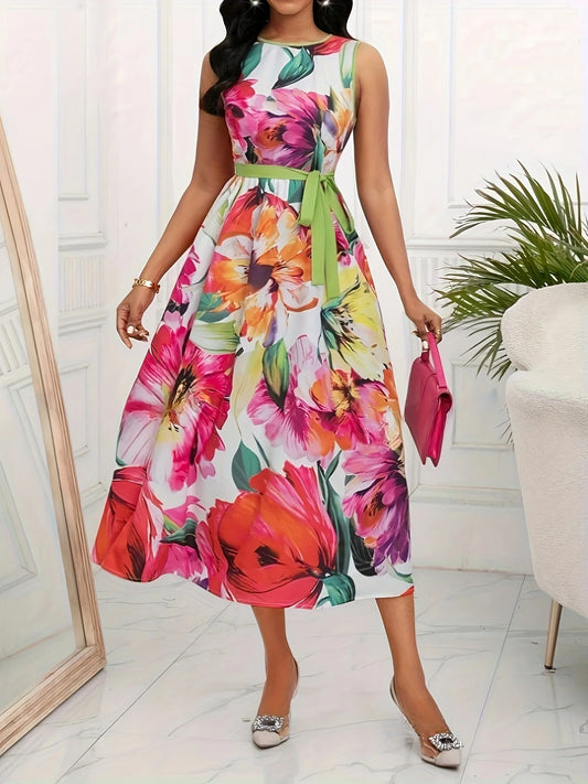 Women Elegant Spring Summer Floral Print Vacation Party O Neck Lace Up Sleeveless Tank Long Dress
