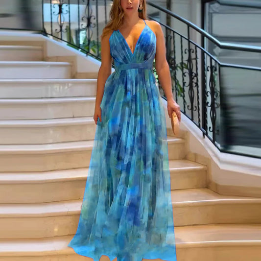 Women Elegant Strapless Mesh Print sexy sleeveless hight waistLong Dress