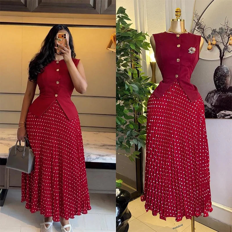 Women HLJ Elegant Black Vest and Polka Dot Skirt Two Piece Set Gold Button Sleeveless Top + Pleated Skirt  Streetwear Vestidos