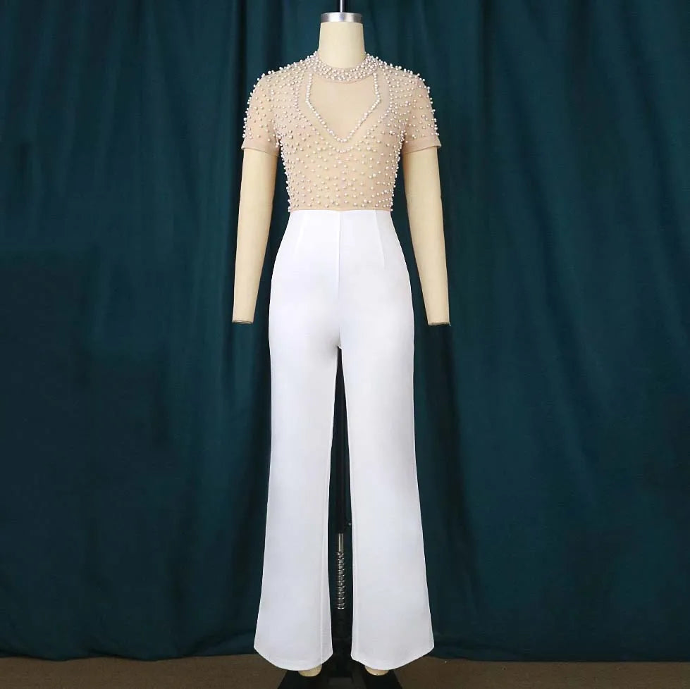 Women Elegant Jumpsuits & Rompers for  O Neck Short Sleeve Beaded High Waisted Luxury Female Birthday Dinner Party Overalls Outfit